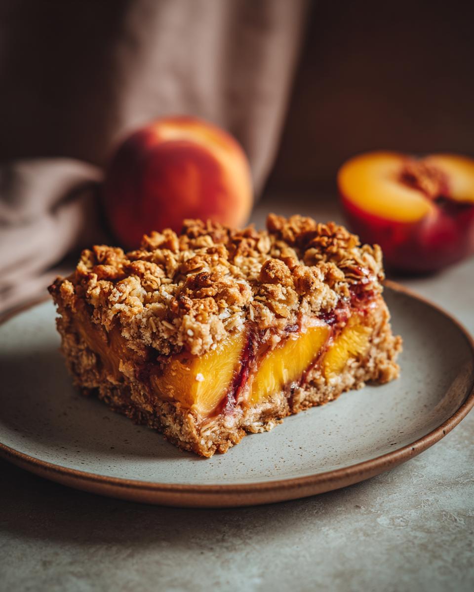 A slice of peach crumble bar with a thick layer of juicy peaches and a buttery oat topping.