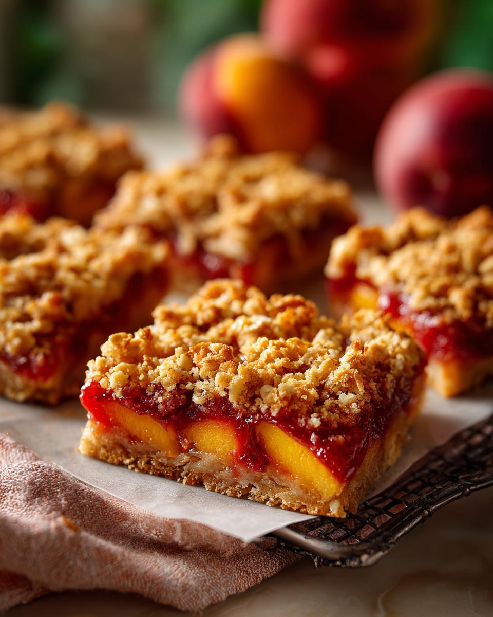 Close-up of a slice of peach crumble bars with a buttery oat topping and fresh peaches.