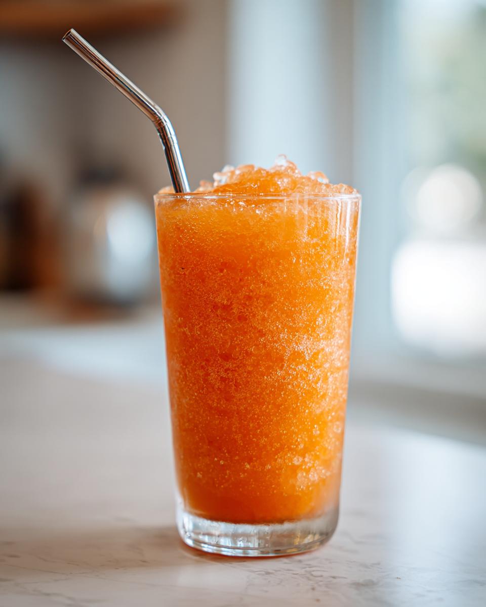 A refreshing glass of peach iced tea slush with a metal straw, perfect for hot afternoons.