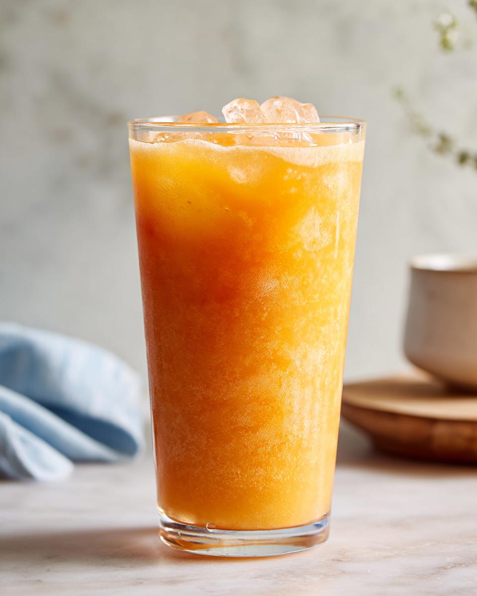 A refreshing glass of peach iced tea slush topped with ice, perfect for hot afternoons.