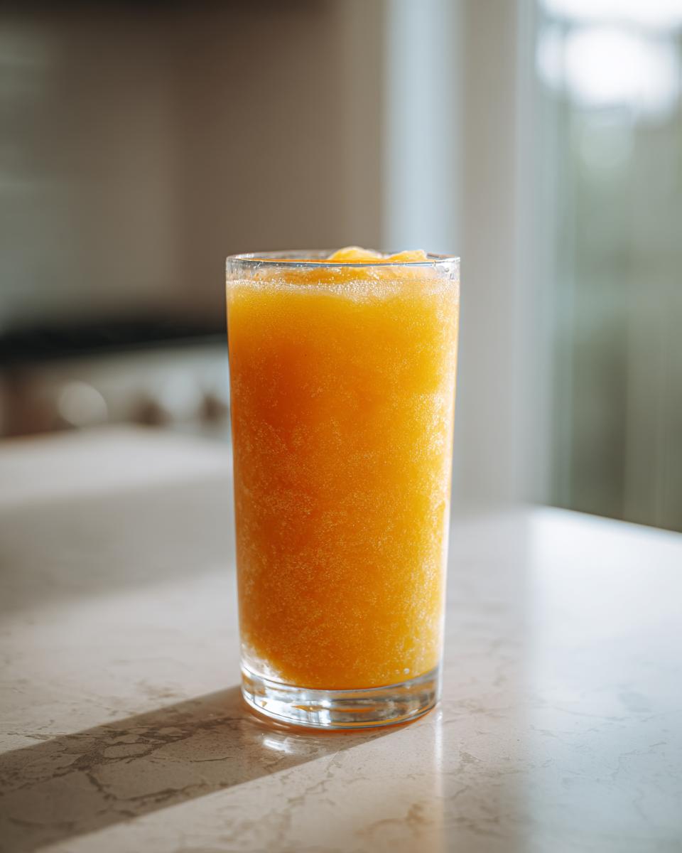 A tall glass filled with a vibrant orange peach iced tea slush, perfect for hot afternoons.