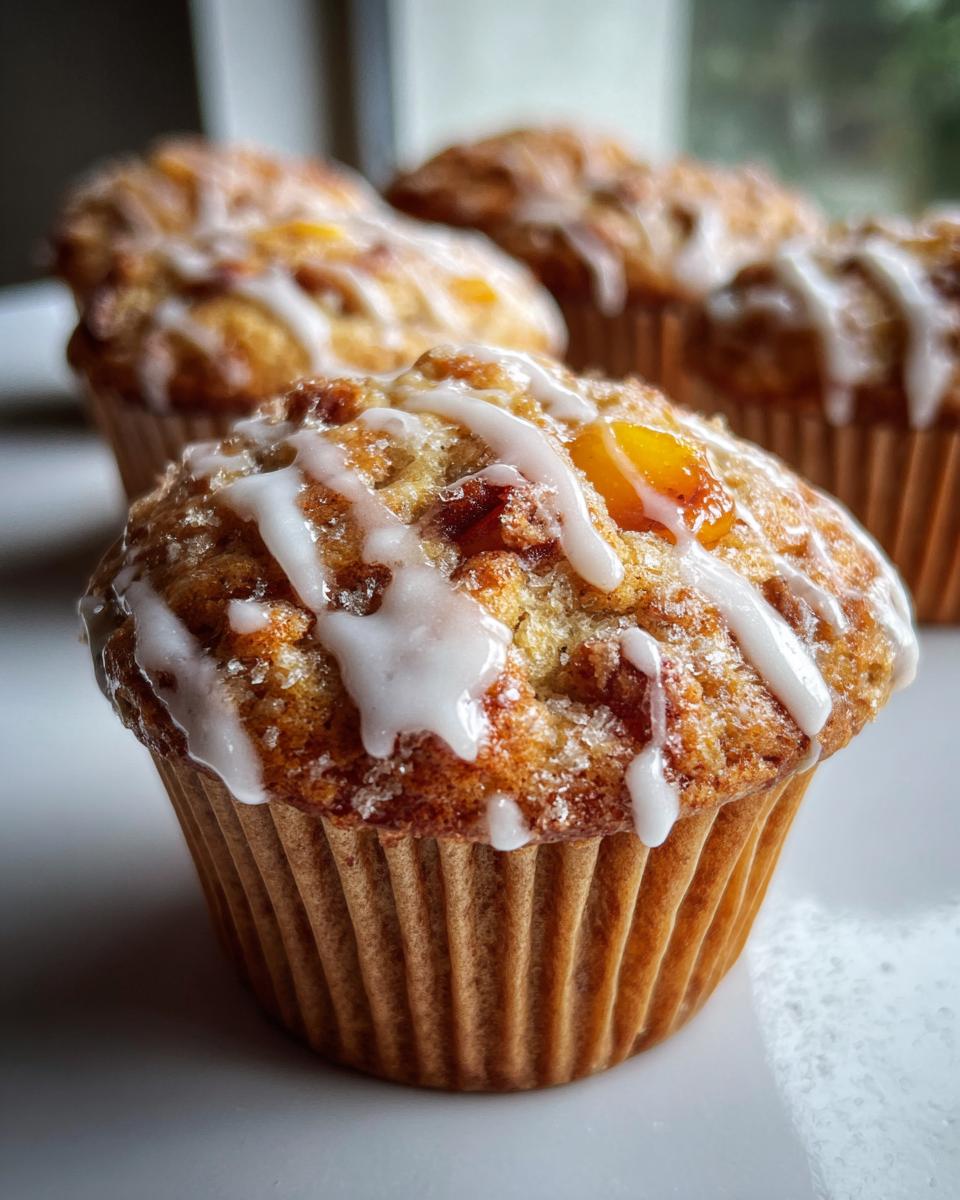 Close-up of a moist peach muffin topped with vanilla glaze and sugar crystals.