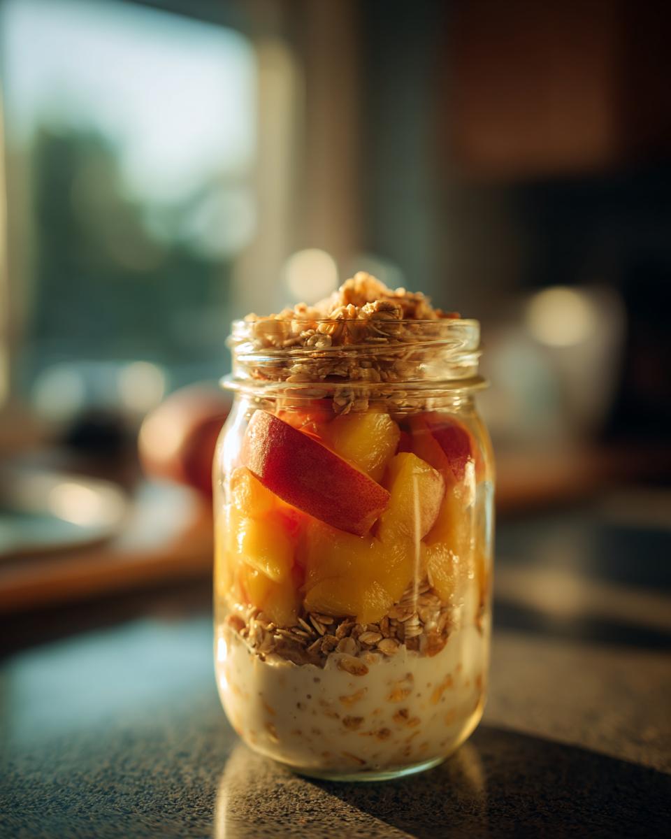 Overnight oats layered with fresh peach slices and granola in a glass jar, perfect for peach recipes.