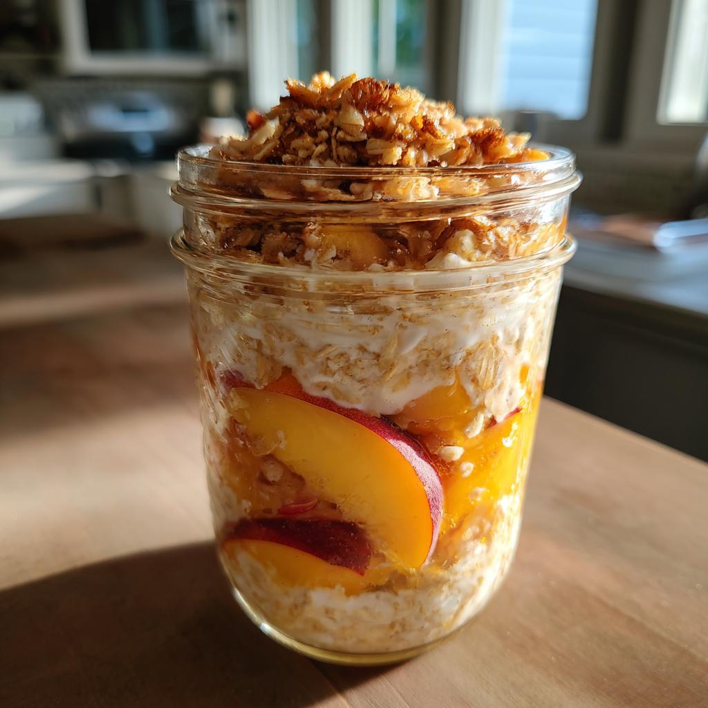 Overnight oats layered with fresh peach slices and topped with granola, resembling peach crisp.