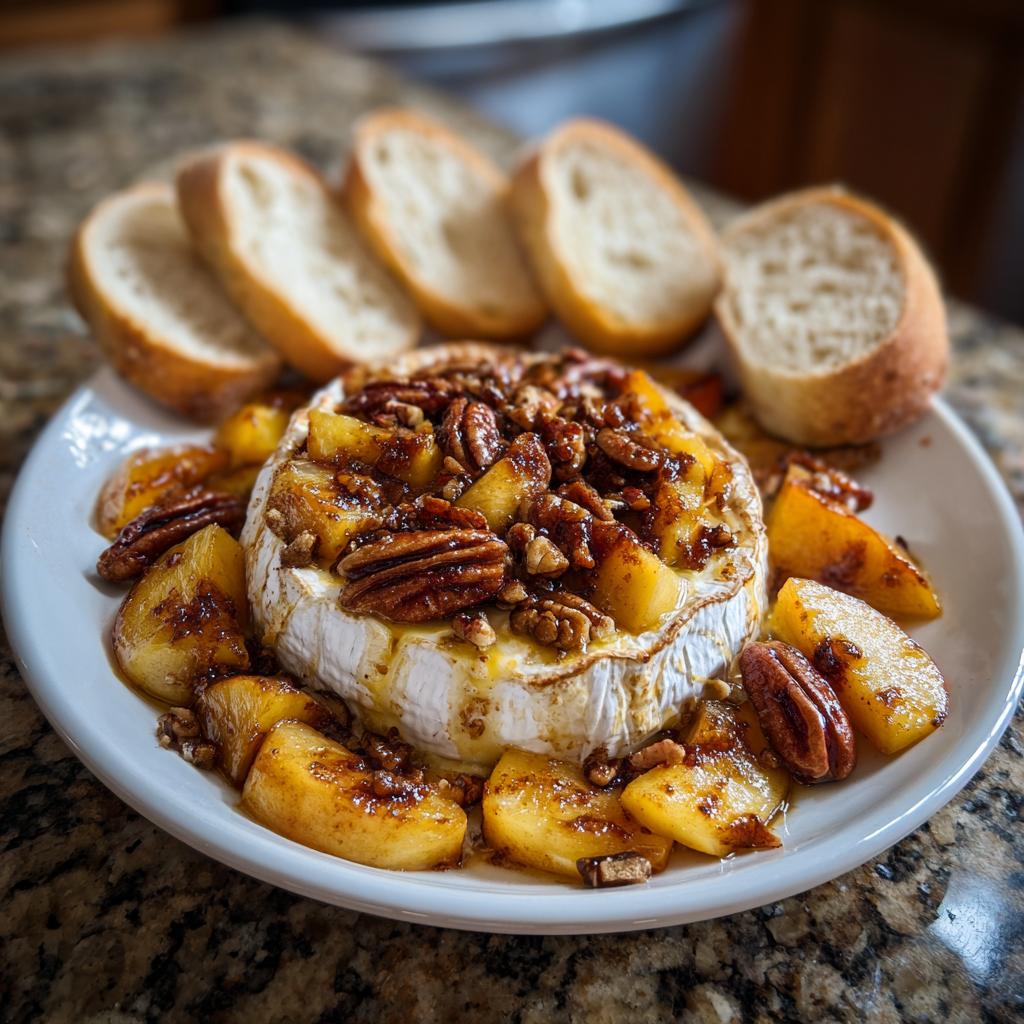 A warm baked brie topped with peaches and toasted pecans, served with sliced bread.