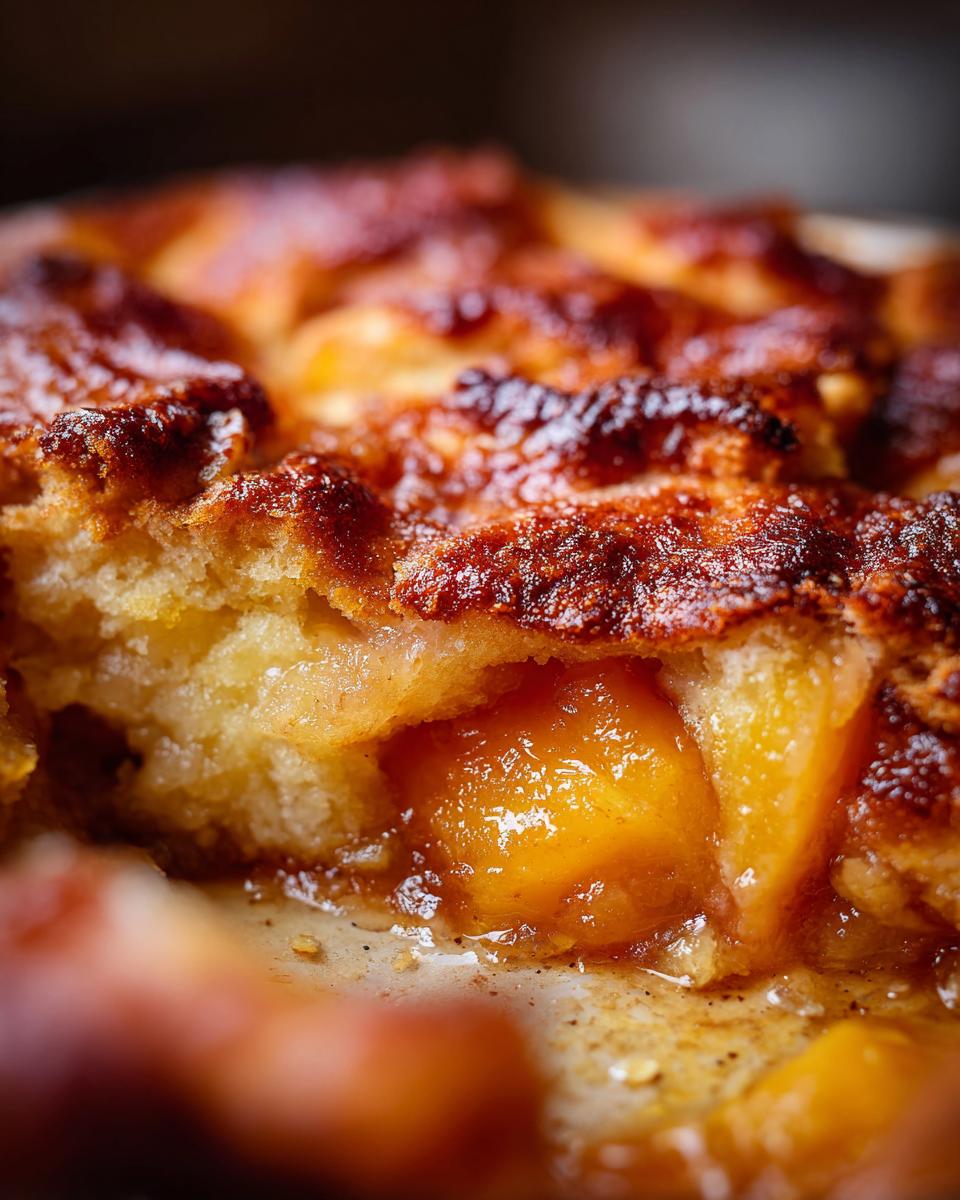 Close-up of a slice of warm brown sugar peach cobbler, showing juicy peaches and a golden-brown crust.