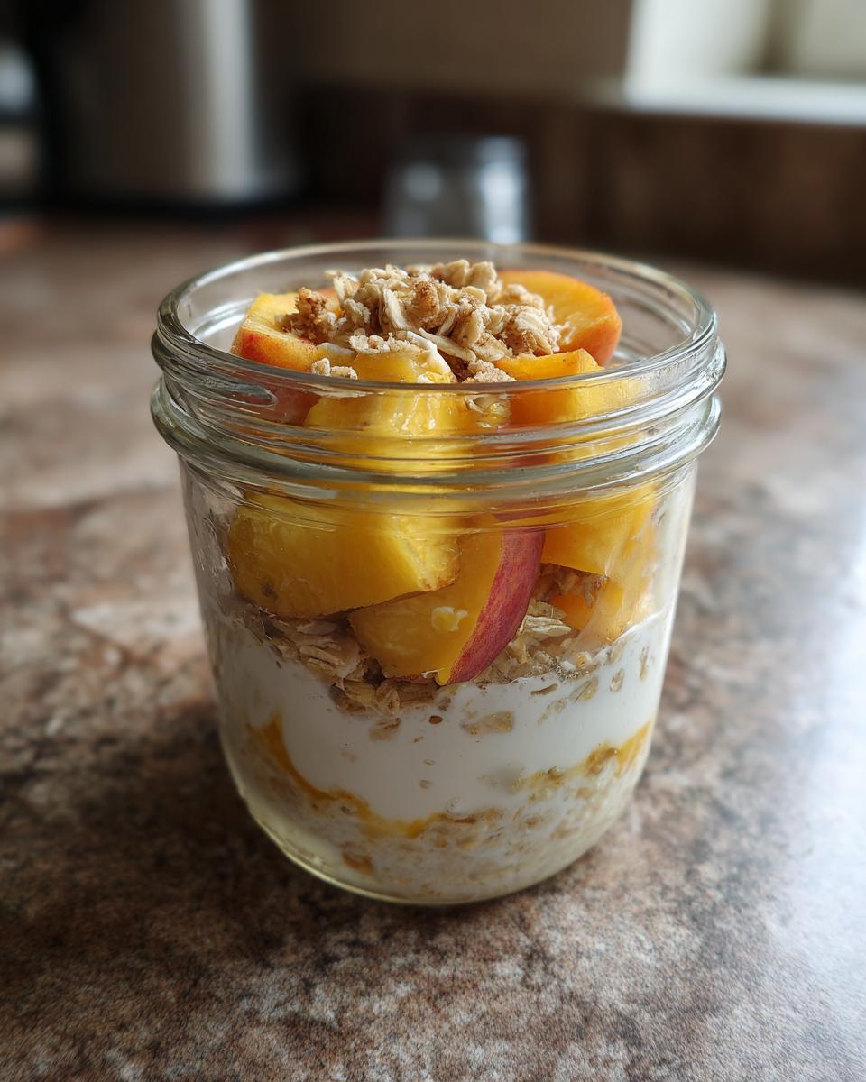 Overnight oats in a jar topped with fresh peach slices and granola, part of peach recipes.