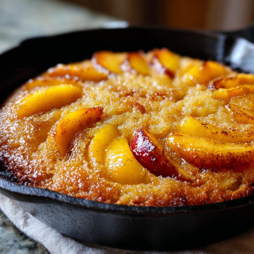 Close-up of a golden-brown skillet cake topped with sliced soft summer peaches and a dusting of cinnamon.