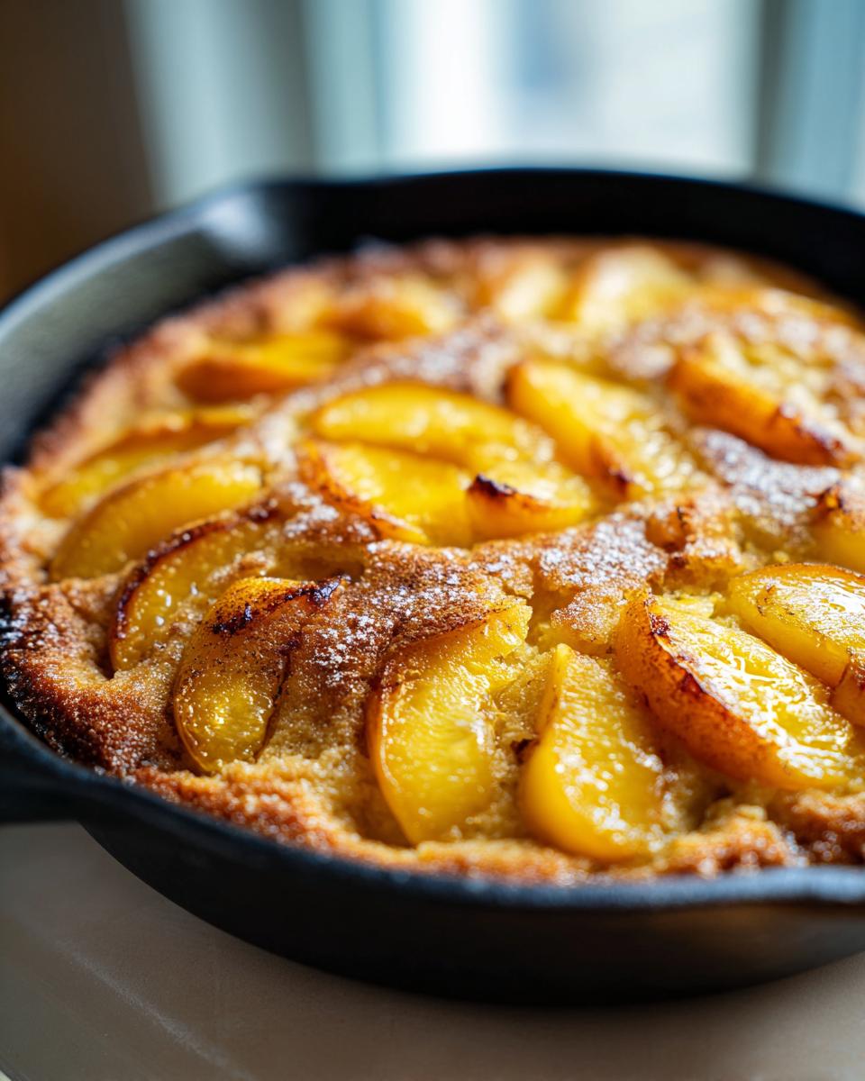 Close-up of a freshly baked peach skillet cake, showcasing tender summer fruit slices and a golden-brown crust.