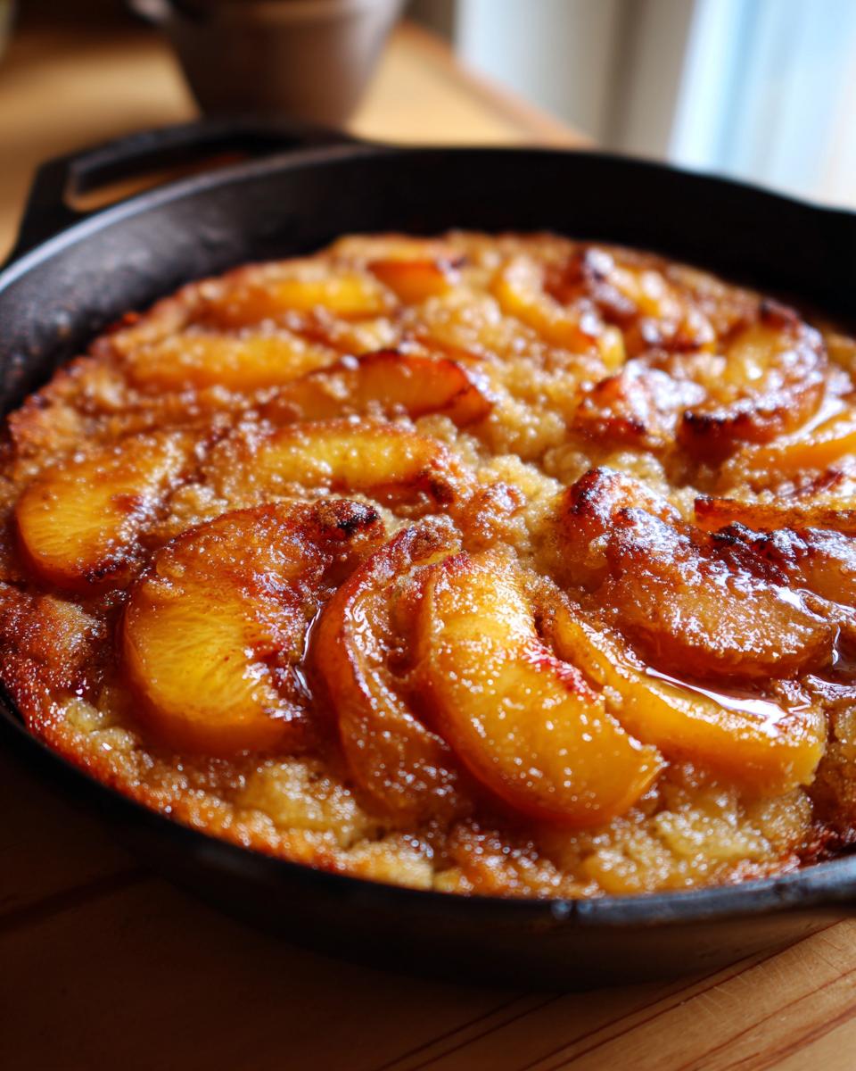 Close-up of a golden-brown skillet cake topped with glistening, baked peach slices. A perfect peach recipe.