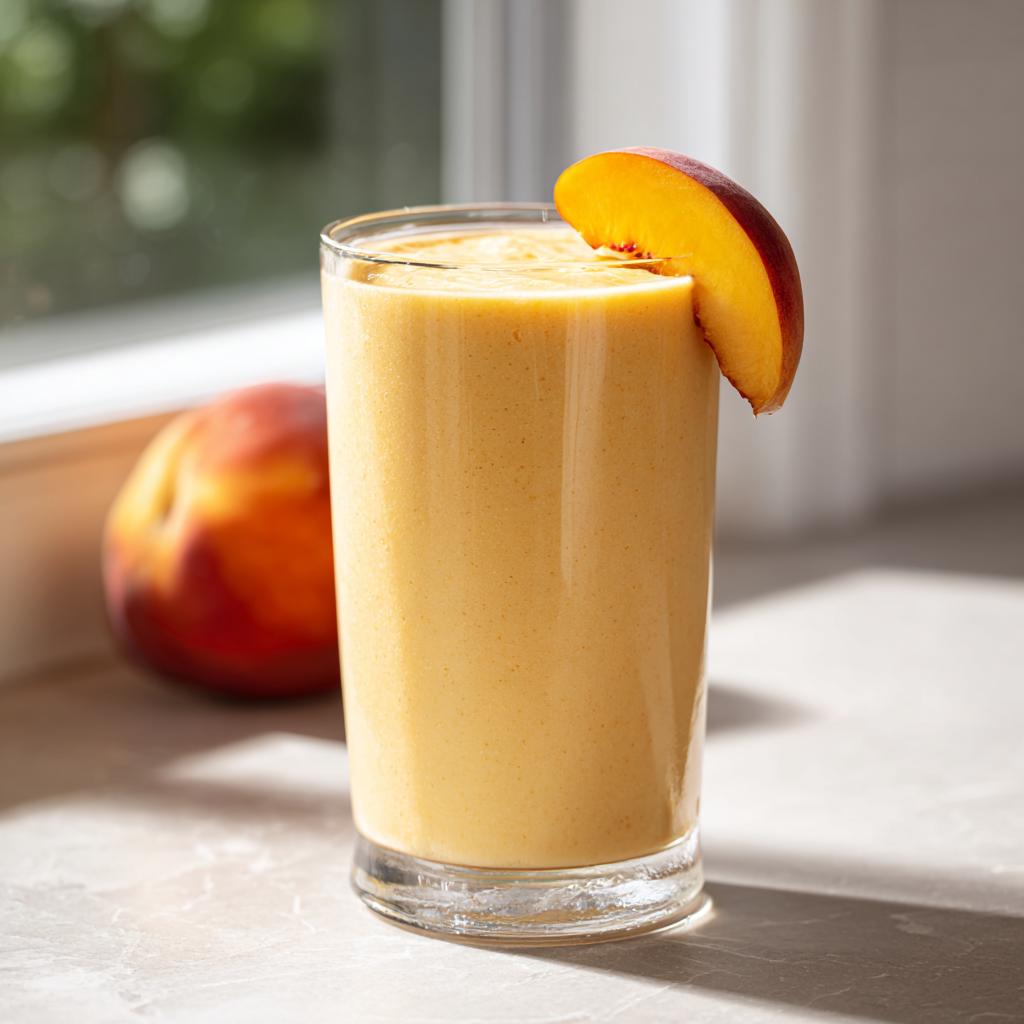 A tall glass of creamy peach yogurt smoothie, garnished with a peach slice, with a whole peach in the background.