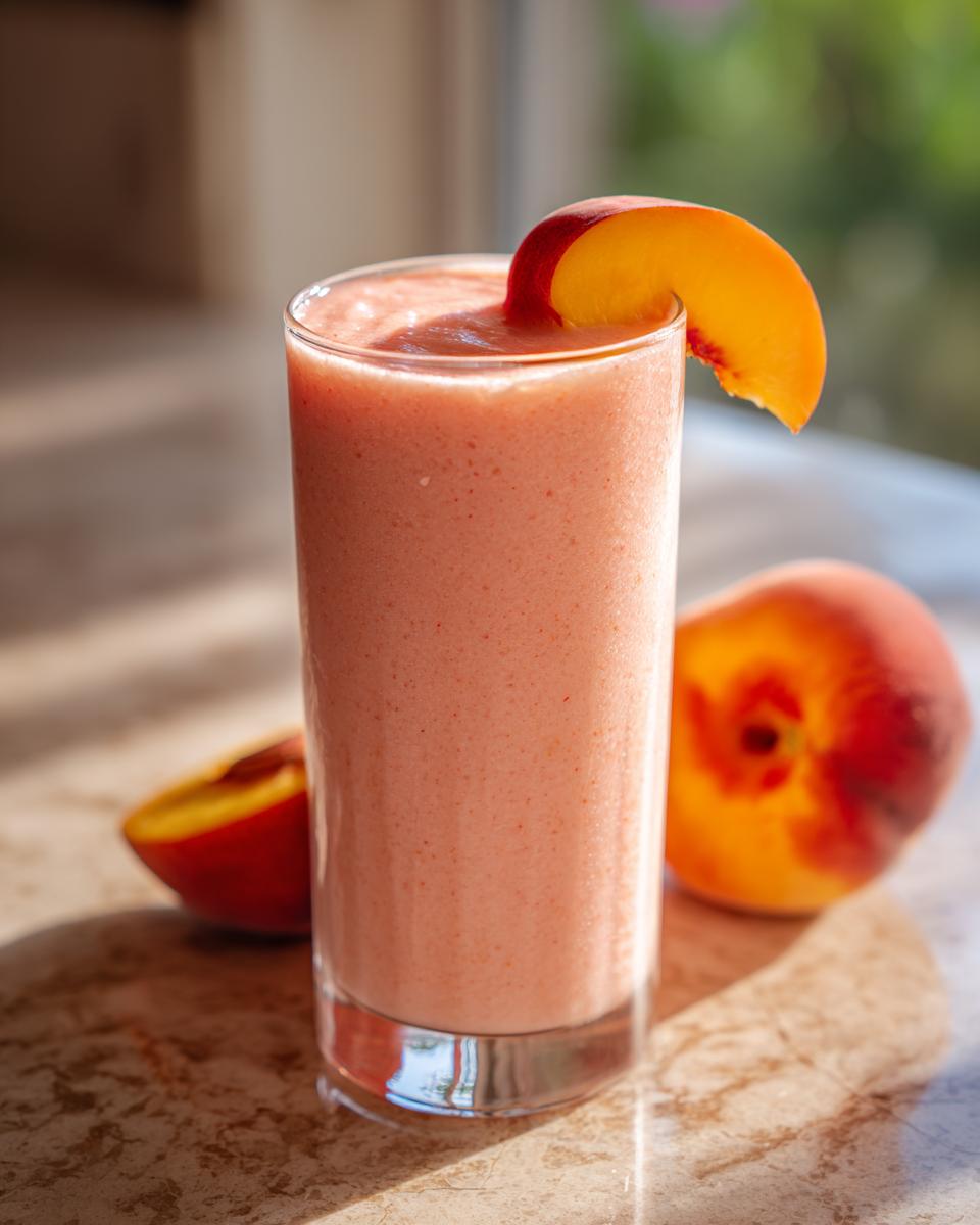 A tall glass of creamy peach yogurt smoothie, garnished with a peach slice, with fresh peaches in the background.