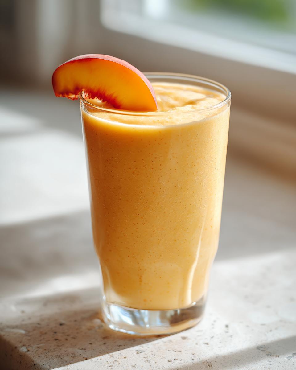 A tall glass of creamy peach yogurt smoothie, garnished with a fresh peach slice.