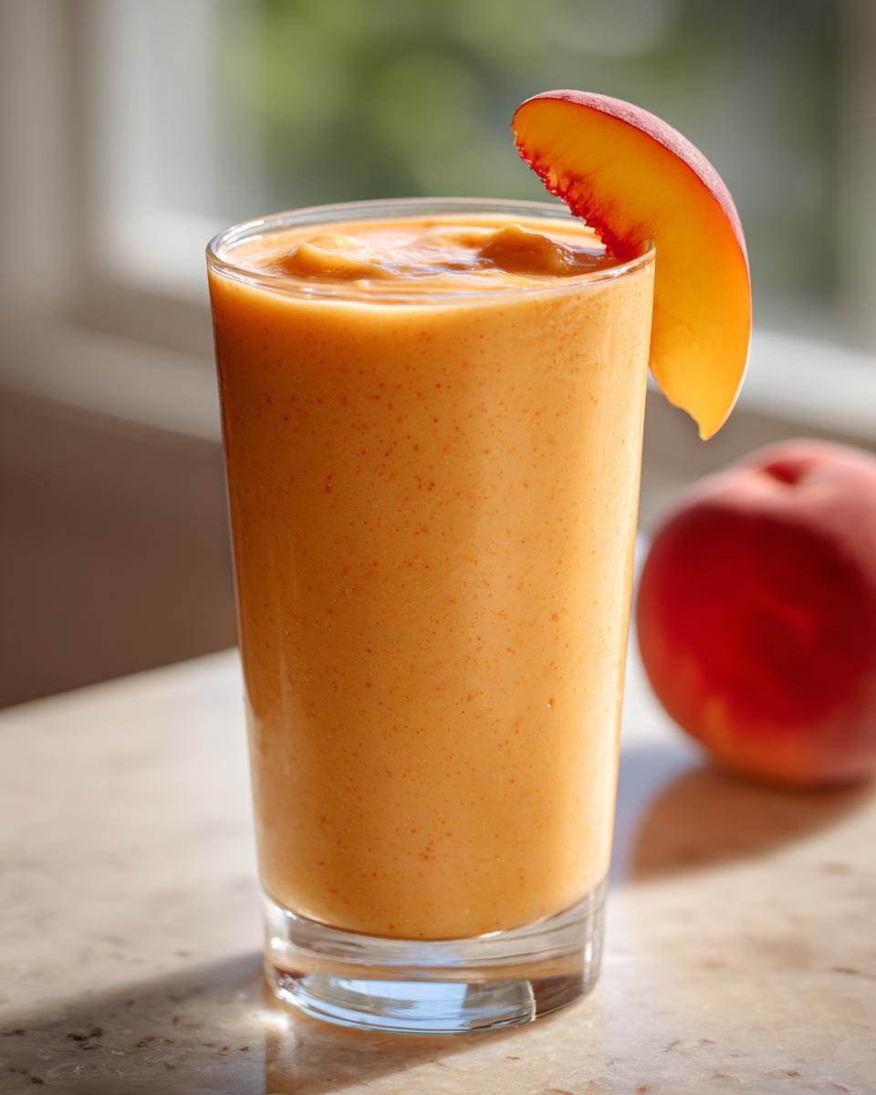 A tall glass of creamy peach yogurt smoothie, garnished with a fresh peach slice. Perfect for peach recipes.