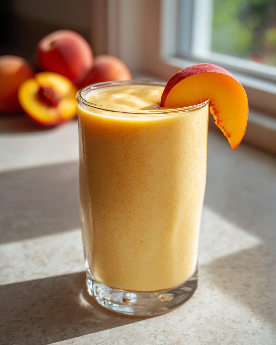 A tall glass filled with a creamy peach yogurt smoothie, garnished with a peach slice. Fresh peaches are in the background.