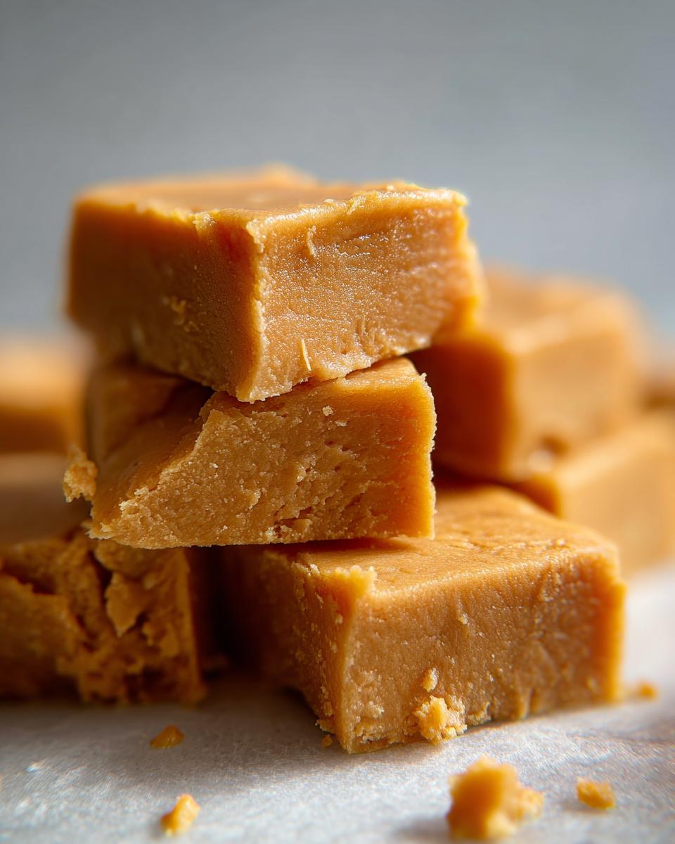 Close-up of stacked peanut butter fudge bites, perfect for dessert recipes.