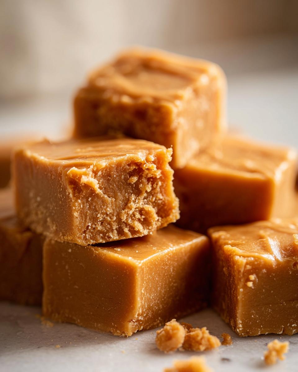 A stack of delicious peanut butter fudge squares, one with a bite taken out, perfect for dessert recipes.