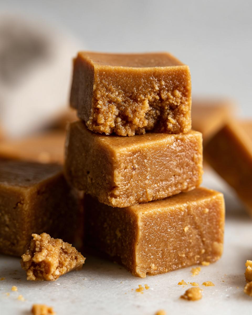 A stack of three peanut butter fudge squares, with crumbs scattered around, perfect for dessert recipes.