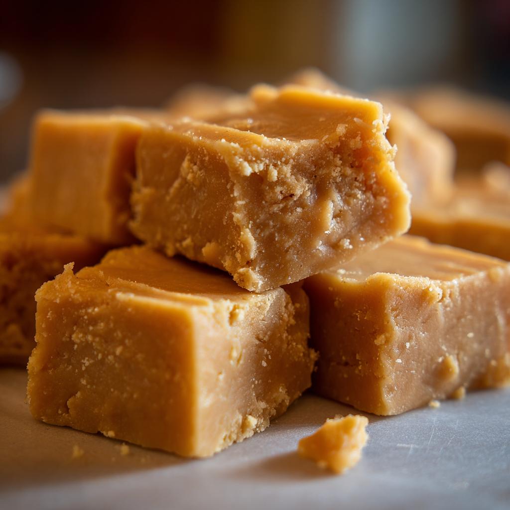 Close-up of a stack of golden-brown peanut butter fudge squares, perfect for dessert recipes.