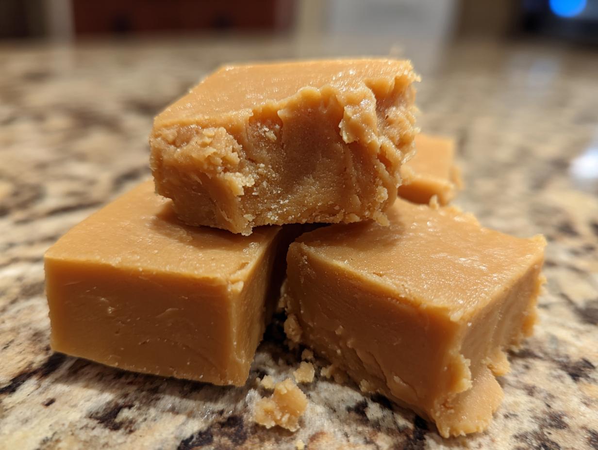 Close-up of creamy peanut butter fudge squares, perfect for dessert recipes.