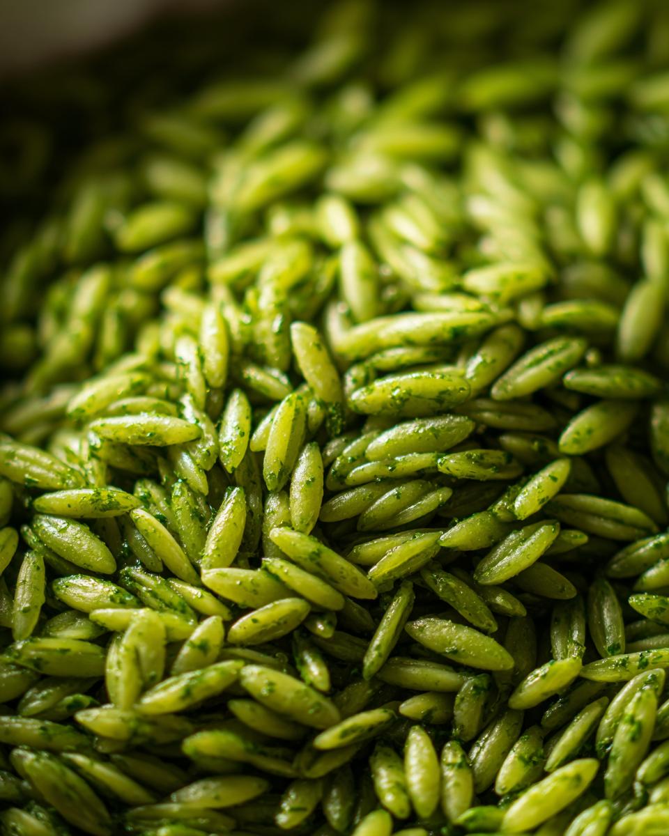 Close-up of bright green pesto orzo pasta, showcasing the texture and vibrant color.