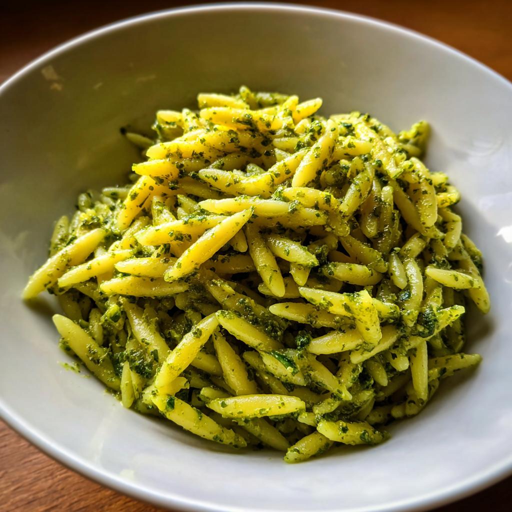 A close-up of bright pesto orzo pasta in a white bowl, showcasing the vibrant green pesto sauce coating the pasta.