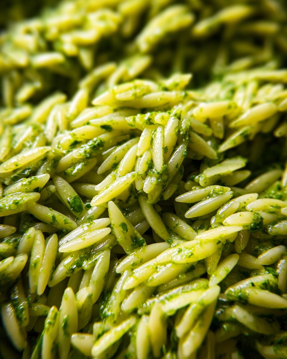 Close-up of bright pesto orzo pasta, showing the texture and vibrant green pesto coating.