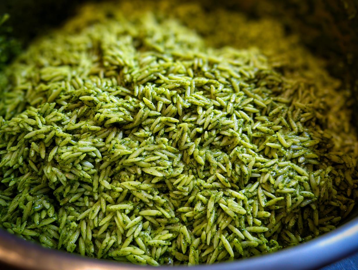 Close-up of bright green pesto orzo pasta, a delicious pasta recipe.