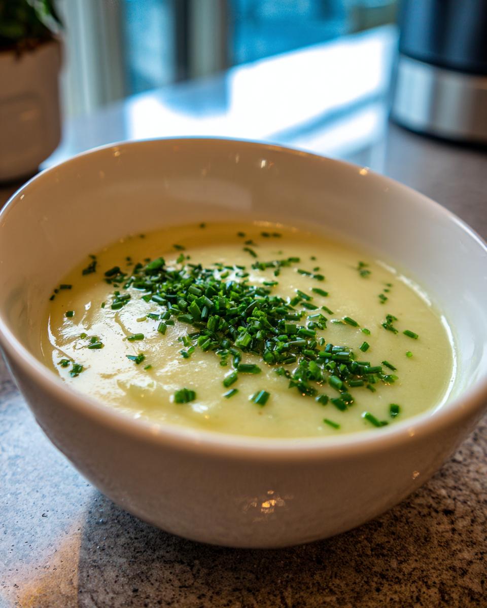 A close-up of a bowl of rich and silky potato leek soup, garnished with fresh chives.