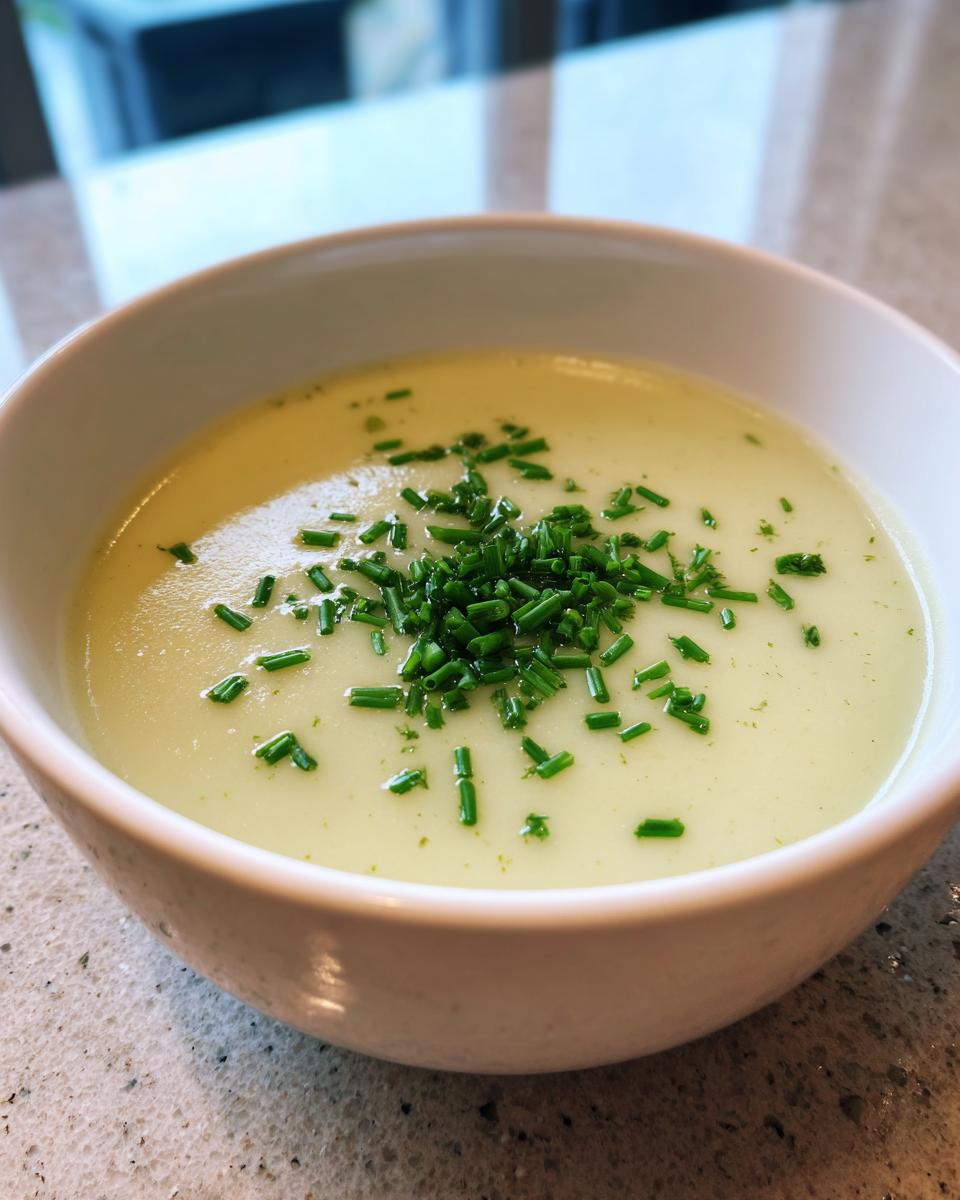A close-up of a bowl of rich and silky potato leek soup, garnished with fresh chives.