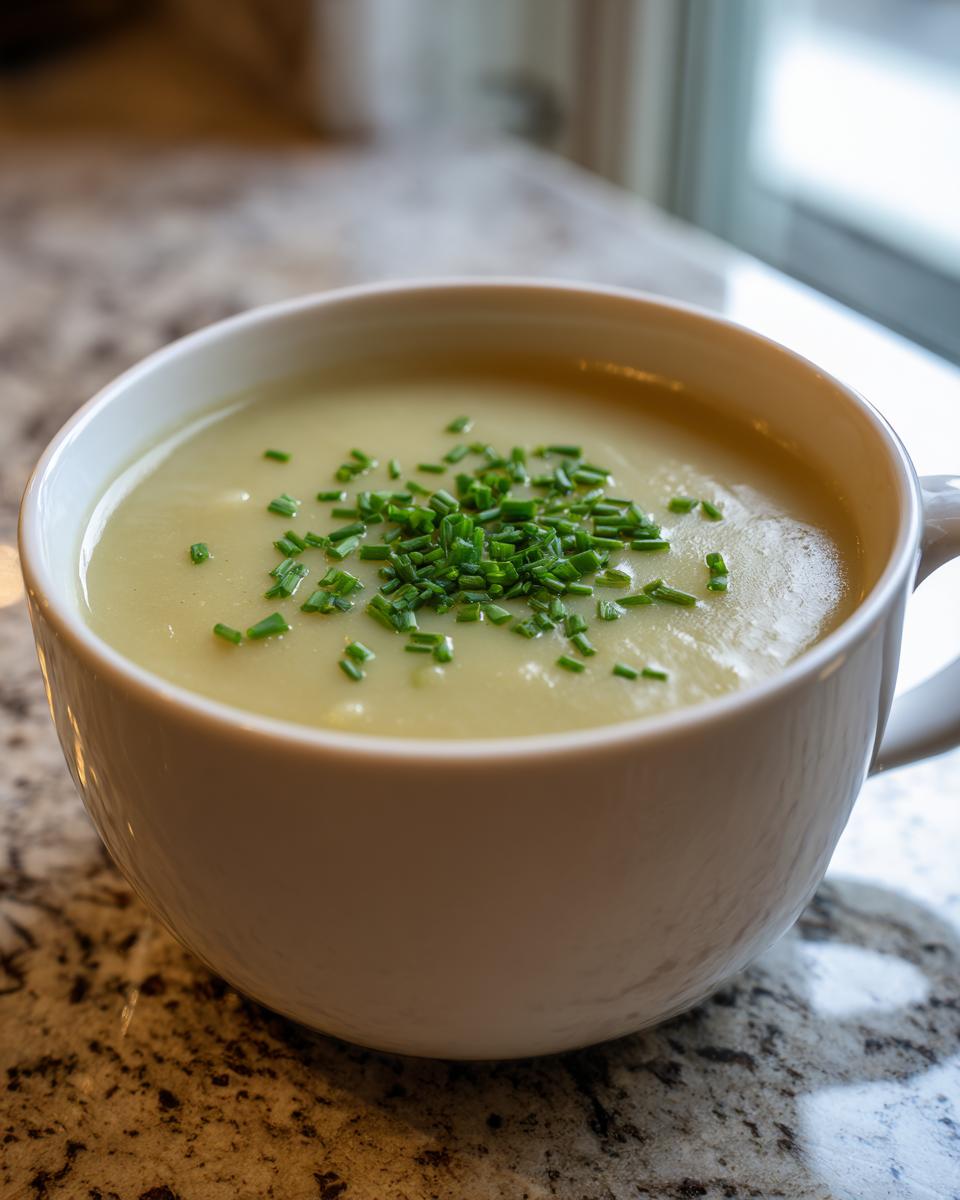 A close-up of a bowl of rich potato leek soup, garnished with fresh chives.