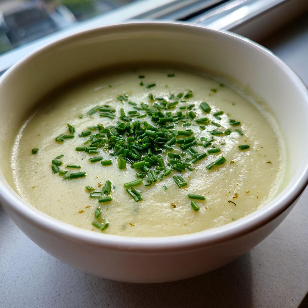 A bowl of creamy Potato Leek Soup topped with fresh chives, showcasing its rich and silky texture.