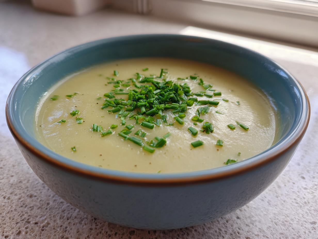 A close-up of a bowl of creamy potato leek soup topped with fresh chives.