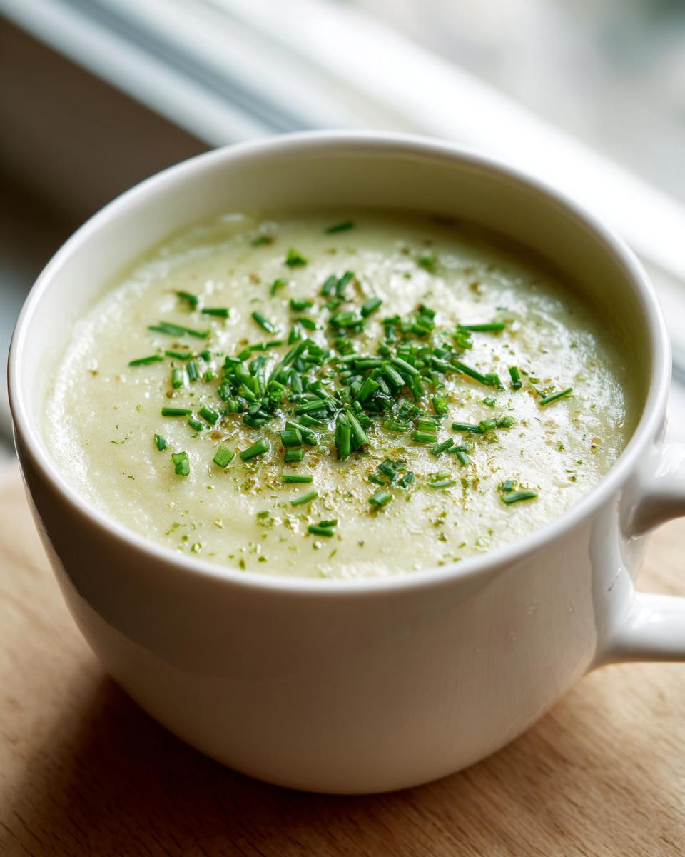 A close-up of a white bowl filled with rich and silky potato leek soup, garnished with fresh chives.