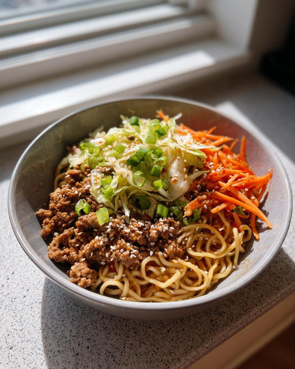 A delicious bowl of Potsticker Noodle Bowl with Pork & Cabbage Slaw, featuring noodles, seasoned ground pork, shredded carrots, cabbage, and green onions.