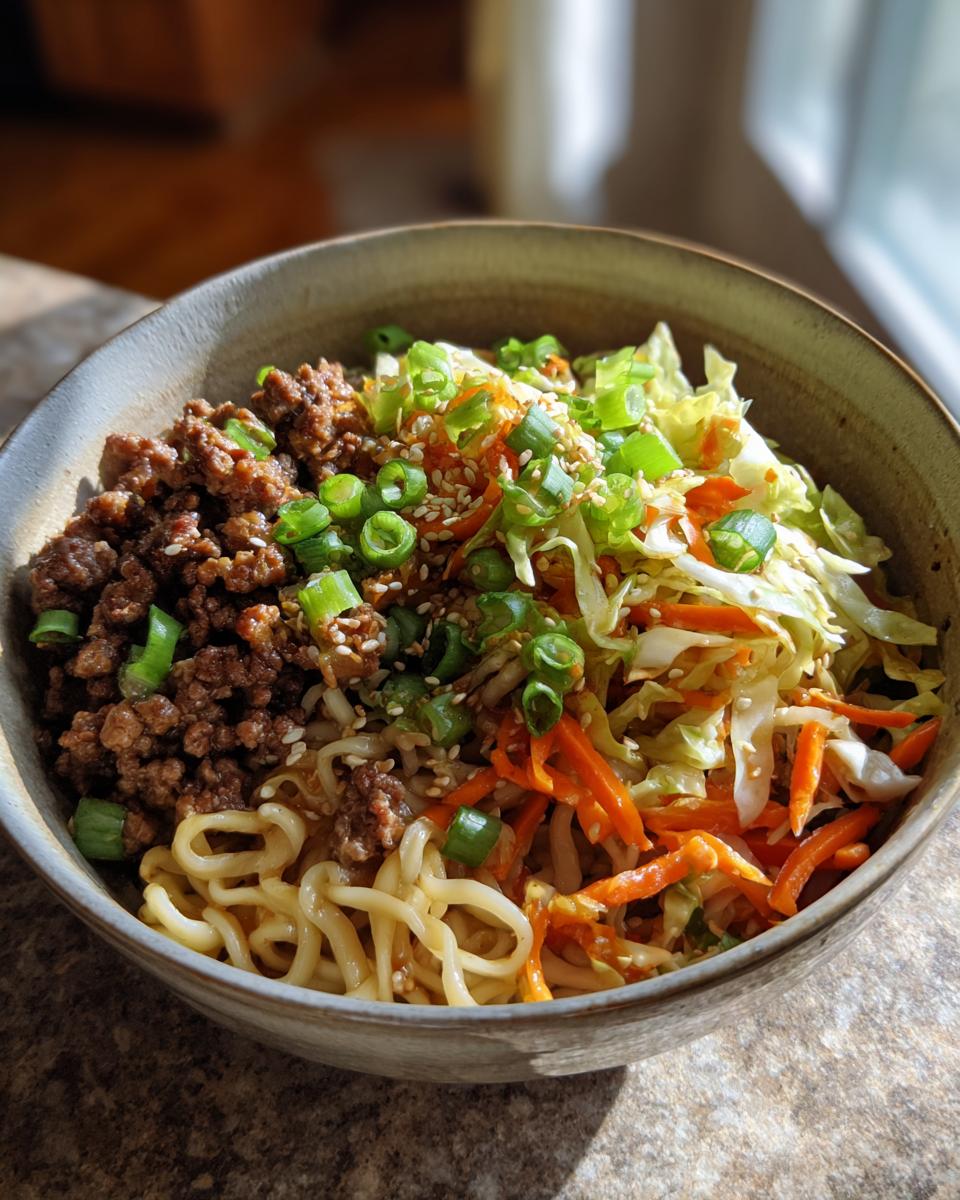 A close-up of a Potsticker Noodle Bowl with Pork & Cabbage Slaw, featuring noodles, seasoned ground pork, shredded cabbage, carrots, and green onions.