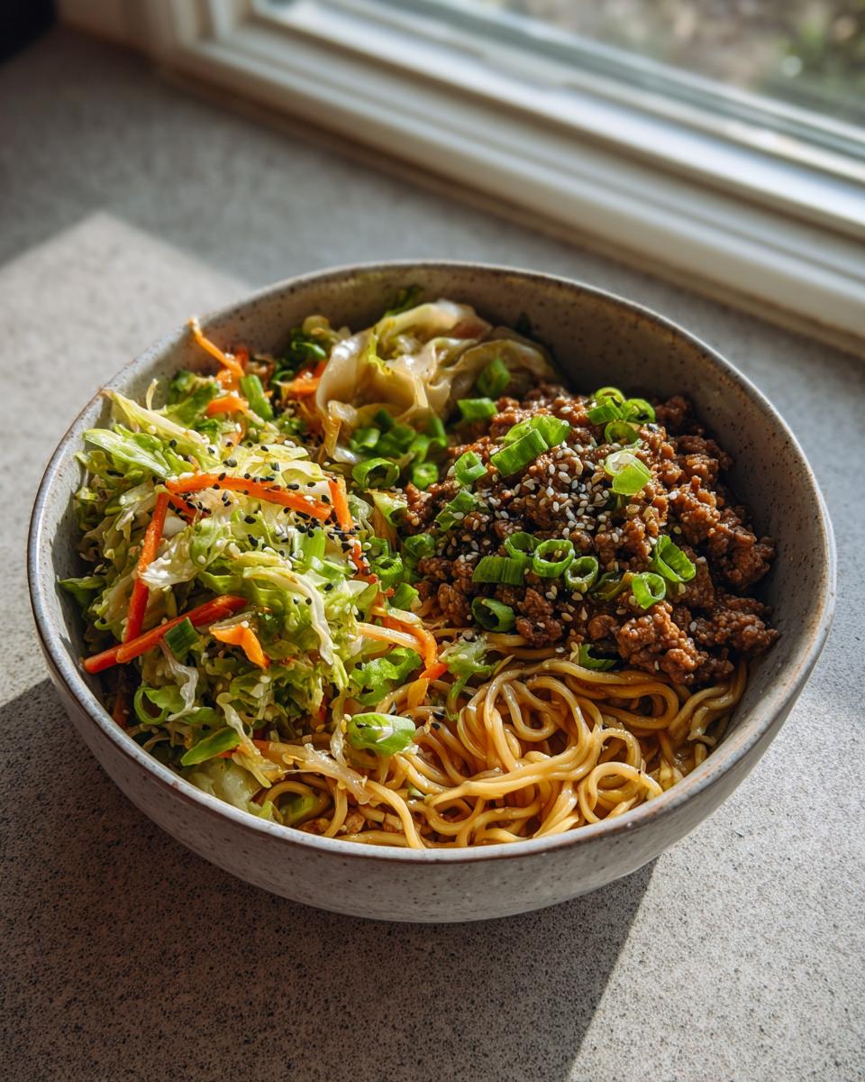 A close-up of a Potsticker Noodle Bowl with Pork & Cabbage Slaw, featuring noodles, seasoned ground pork, and fresh slaw.