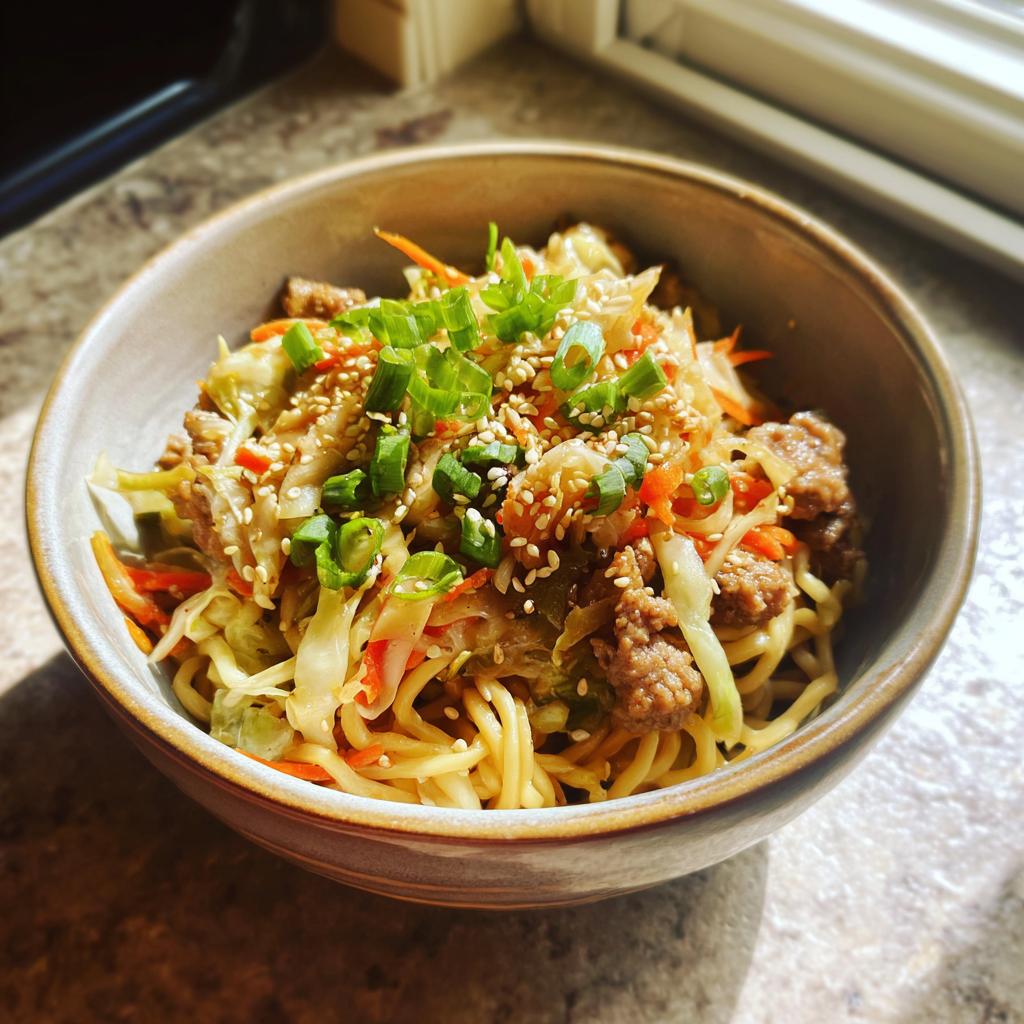 A close-up of a bowl filled with Potsticker Noodle Bowl with Pork & Cabbage Slaw, topped with green onions and sesame seeds.