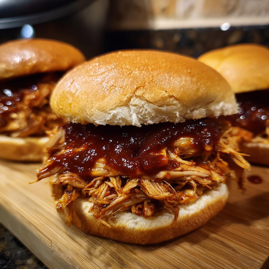 Close-up of a delicious pulled BBQ chicken sandwich on a bun, made with slow cooker recipes.