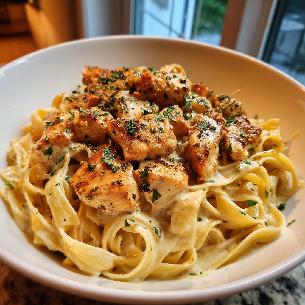 A bowl of fettuccine pasta topped with seasoned Cajun chicken breast pieces and fresh parsley.