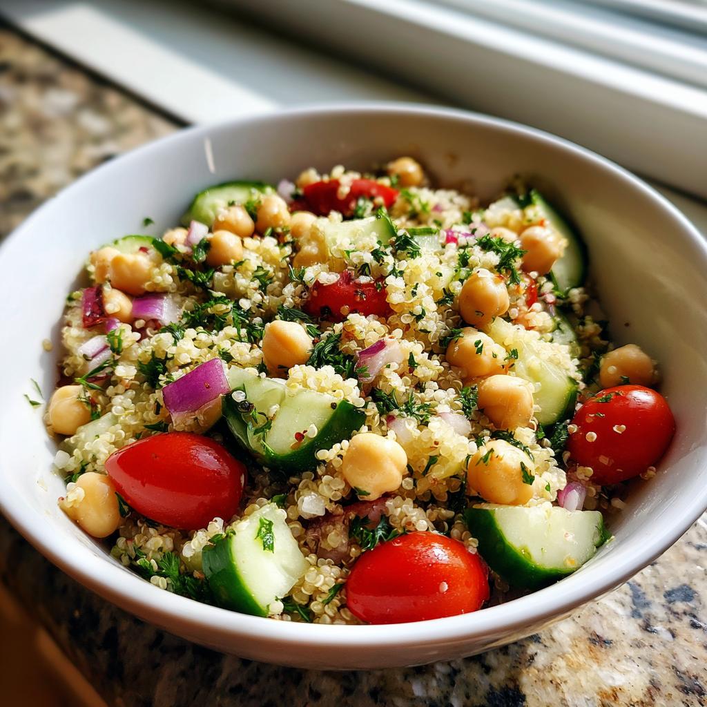 A vibrant bowl of Quinoa Chickpea Salad with cucumber, tomatoes, red onion, and fresh herbs, perfect for healthy lunch ideas.
