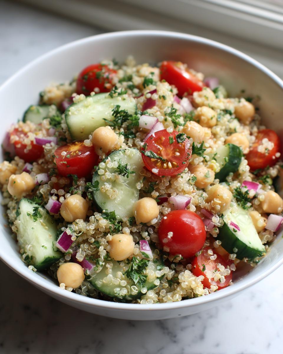 A close-up of a healthy quinoa chickpea salad with cherry tomatoes, cucumber, red onion, and parsley.