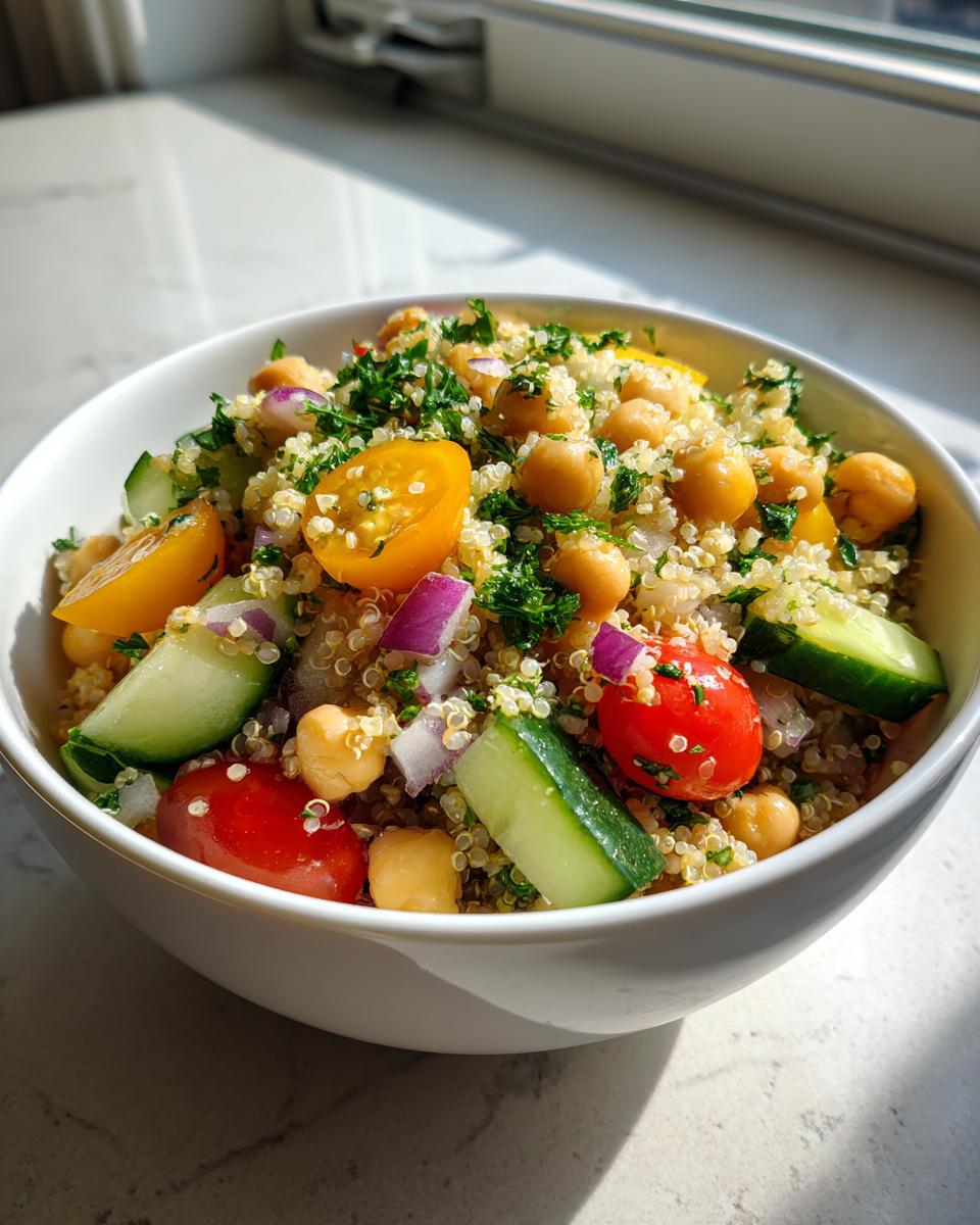 A bowl of quinoa chickpea salad with cherry tomatoes, cucumber, red onion, and parsley, perfect for healthy lunch ideas.