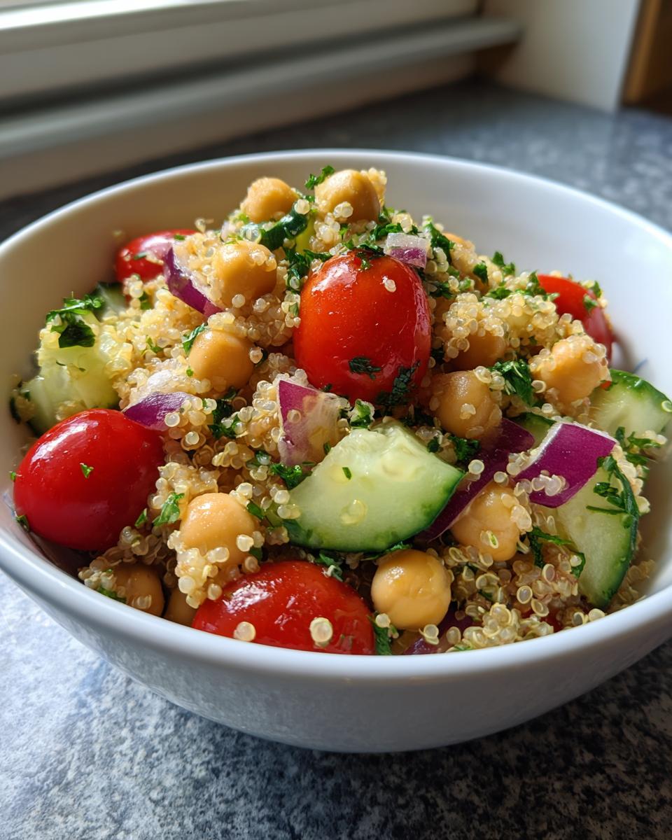 A vibrant bowl of Quinoa Chickpea Salad with cherry tomatoes, cucumber, red onion, and fresh parsley, perfect for healthy lunch ideas.