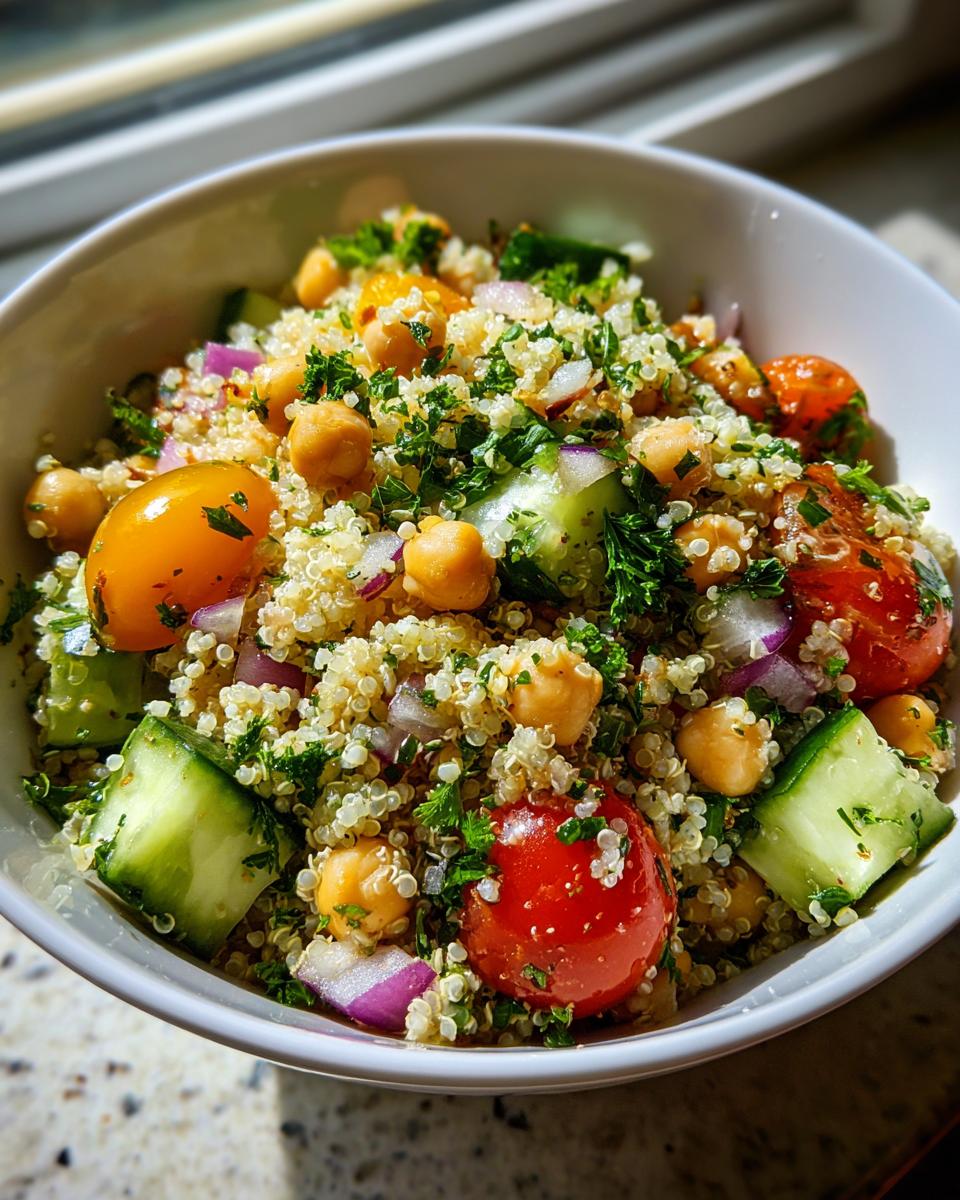 A vibrant bowl of Quinoa Chickpea Salad with cherry tomatoes, cucumber, red onion, and fresh parsley.