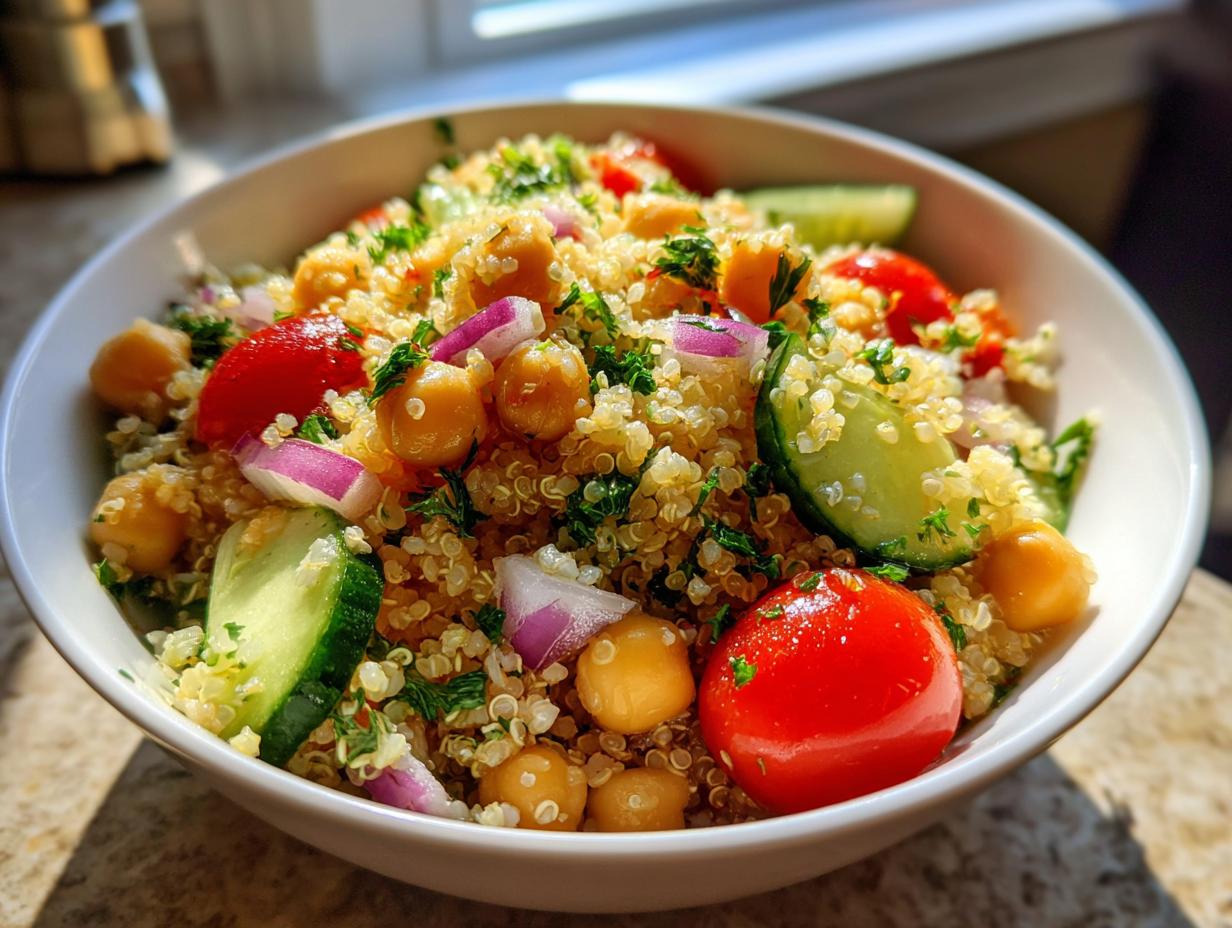 A bowl of healthy quinoa chickpea salad with tomatoes, cucumber, red onion, and parsley, perfect for workday lunches.