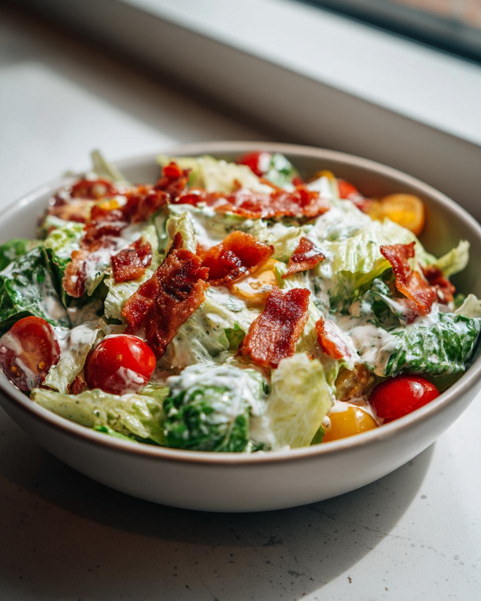 A bowl of fresh Ranch BLT Salad with crisp lettuce, cherry tomatoes, and crispy bacon, drizzled with ranch dressing.