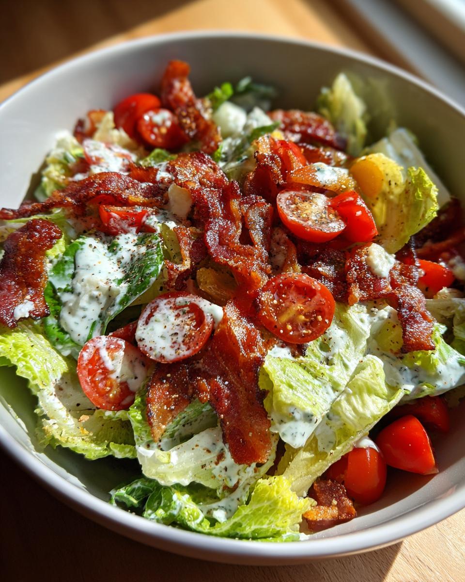 A close-up of a refreshing Ranch BLT Salad with crisp lettuce, juicy cherry tomatoes, and savory bacon, drizzled with creamy ranch dressing.