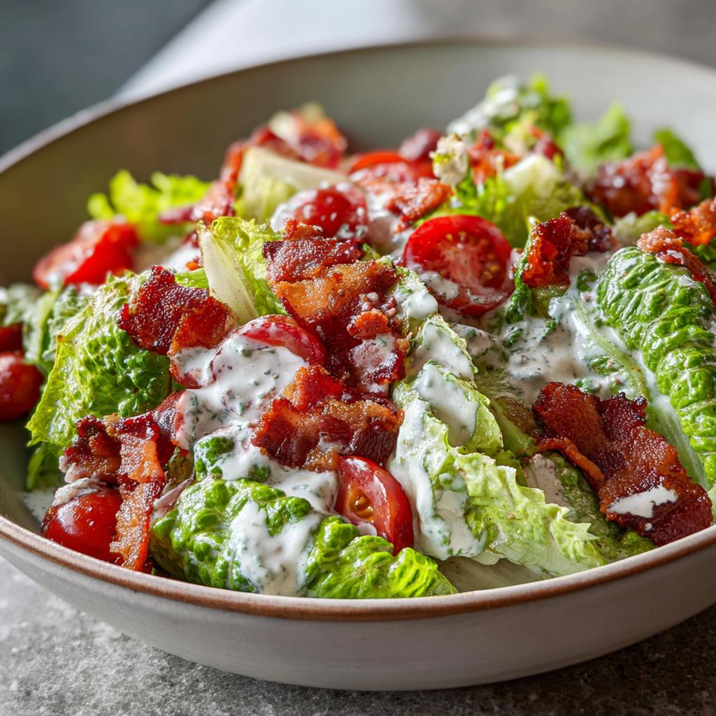 A close-up of a refreshing Ranch BLT Salad, featuring crisp romaine lettuce, juicy cherry tomatoes, crumbled bacon, and creamy ranch dressing.