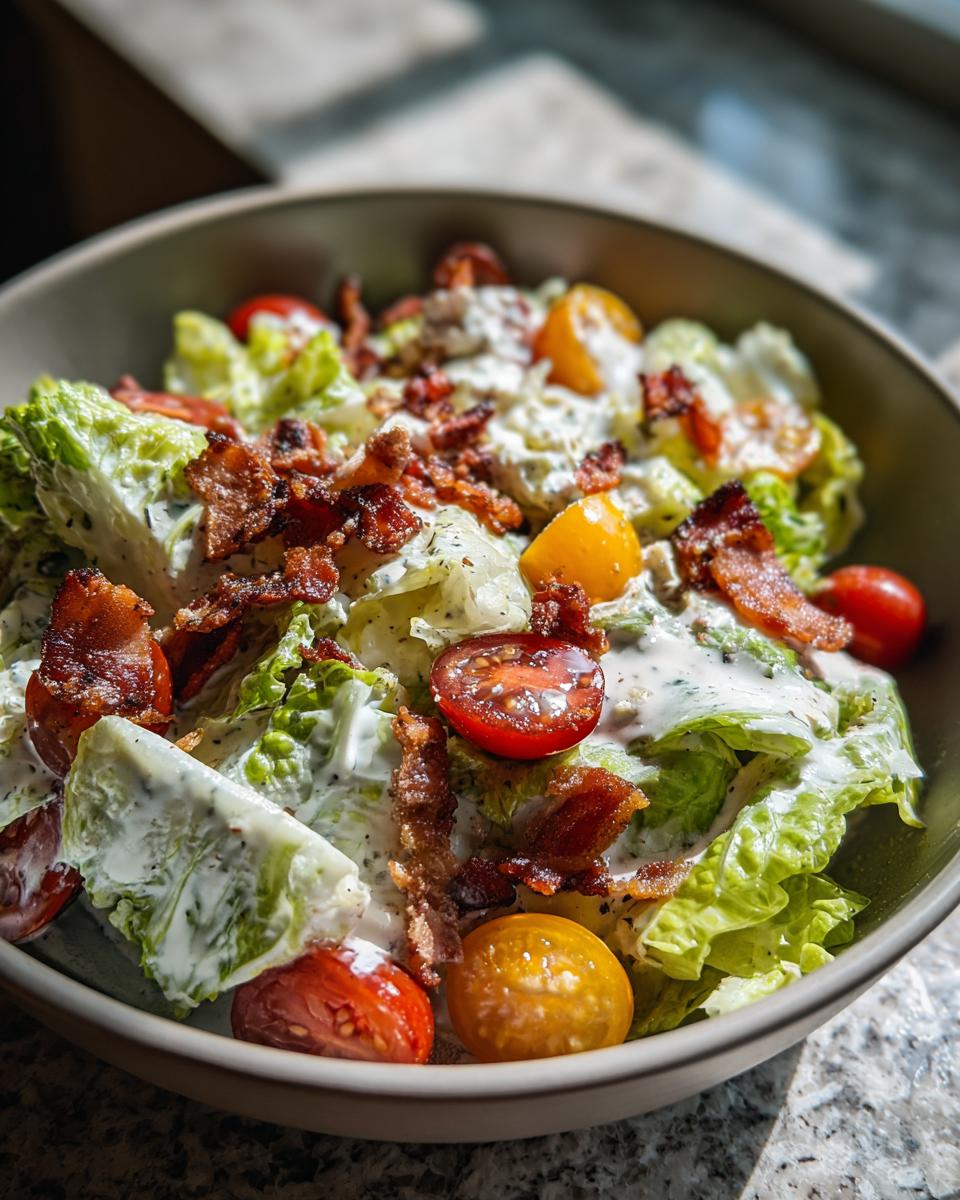 A close-up of a refreshing Ranch BLT Salad, featuring crisp lettuce, cherry tomatoes, and crumbled bacon, all tossed in creamy ranch dressing.